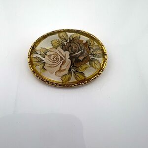 Vintage Rose Glass Brooch with Gold Trim